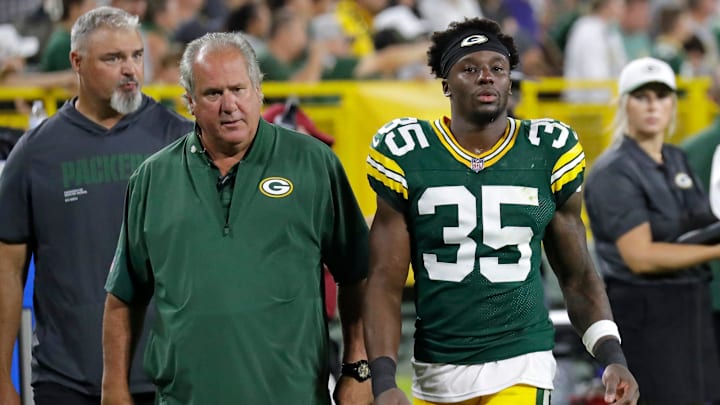 Green Bay Packers cornerback Corey Ballentine (35) leaves the field in the second half against the New York Jets during their football game Saturday, August 9, 2025, at Lambeau Field in Green Bay, Wisconsin. 
Dan Powers/USA TODAY NETWORK-Wisconsin.