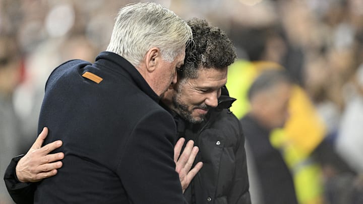 Diego Simeone embraced Carlo Ancelotti before kick-0ff Diego Simeone embraced Carlo Ancelotti before kick-0ff