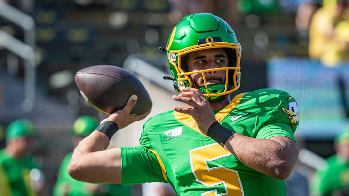 Oregon Ducks quarterback Dante Moore throws out a pass during warm ups as the Oregon Ducks host the Idaho Vandals Saturday, Aug. 31, 2024 at Autzen Stadium in Eugene, Ore.