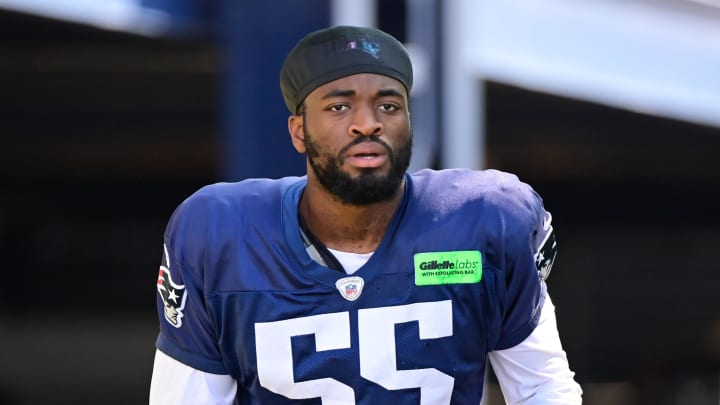 Aug 2, 2023; Foxborough, MA, USA; New England Patriots linebacker Josh Uche (55) heads to the practice fields at Gillette Stadium. Mandatory Credit: Eric Canha-USA TODAY Sports