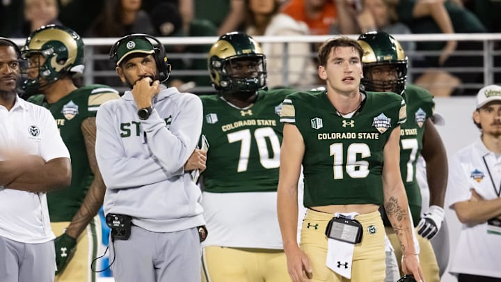 Dec 28, 2024; Tucson, AZ, USA; Colorado State Rams head coach Jay Norvell and quarterback Brayden Fowler-Nicolosi (16) against the Miami (OH) RedHawks during the Snoop Dogg Arizona Bowl at Arizona Stadium. Mandatory Credit: Mark J. Rebilas-Imagn Images
