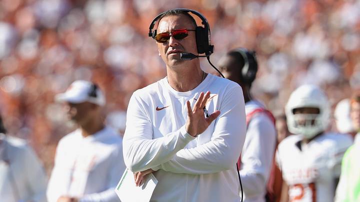 Texas Longhorns head coach Steve Sarkisian reacts during the first half against the Oklahoma Sooners at Cotton Bowl.  