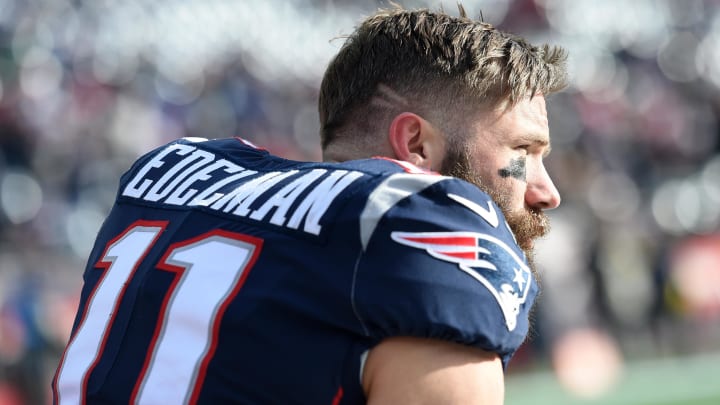 Dec 29, 2019; Foxborough, Massachusetts, USA;  New England Patriots wide receiver Julian Edelman (11) takes a knee during warmups prior to a game against the Miami Dolphins at Gillette Stadium
