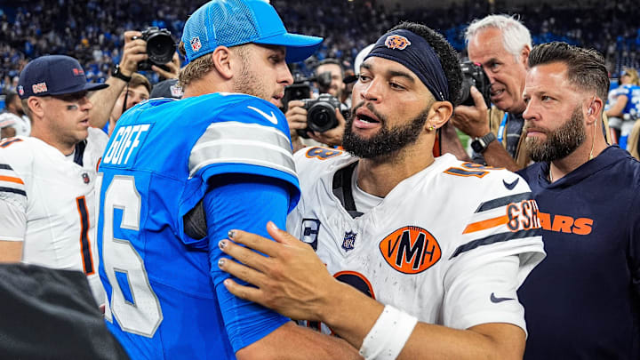 Caleb Williams and Detroit Lions quarterback Jared Goff exchange pleasantries after the Thanksgiving Day game in 2024.