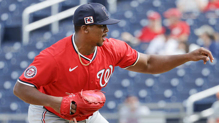 Feb 22, 2025; West Palm Beach, Florida, USA; Washington Nationals pitcher Jose A. Ferrer (47) throws a pitch in the second inning against the Houston Astros at CACTI Park of the Palm Beaches. Feb 22, 2025; West Palm Beach, Florida, USA; Washington Nationals pitcher Jose A. Ferrer (47) throws a pitch in the second inning against the Houston Astros at CACTI Park of the Palm Beaches.