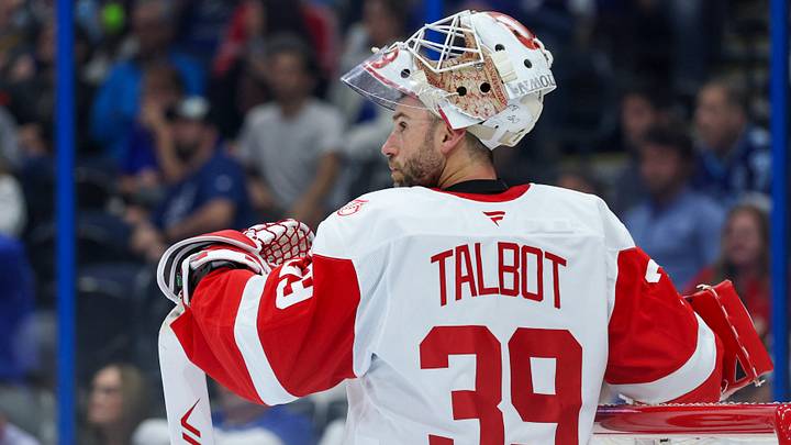 Apr 13, 2026; Tampa, Florida, USA; Detroit Red Wings goaltender Cam Talbot (39) looks on against the Tampa Bay Lightning in the third period at Benchmark International Arena. Mandatory Credit: Nathan Ray Seebeck-Imagn Images