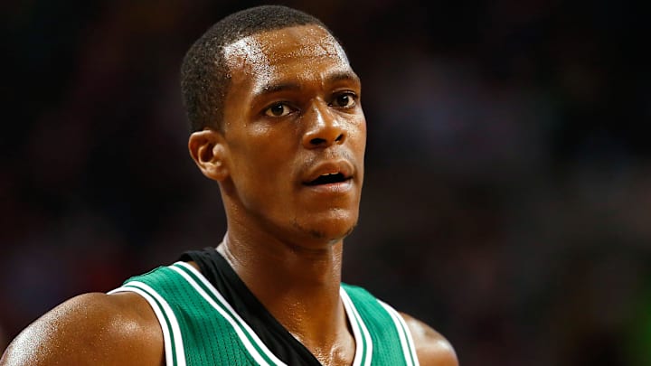 Boston Celtics guard Rajon Rondo (9) during the third quarter against the Brooklyn Nets at TD Garden.