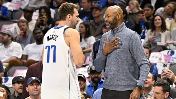 Oct 30, 2022; Dallas, Texas, USA; Dallas Mavericks guard Luka Doncic (77) talks with Orlando Magic