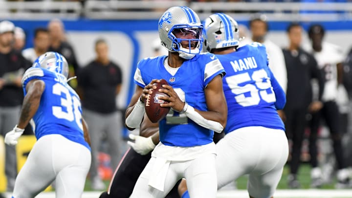 Aug 23, 2025; Detroit, Michigan, USA; Detroit Lions quarterback Hendon Hooker (2) looks to pass the ball against the Houston Texans in the fourth quarter at Ford Field.