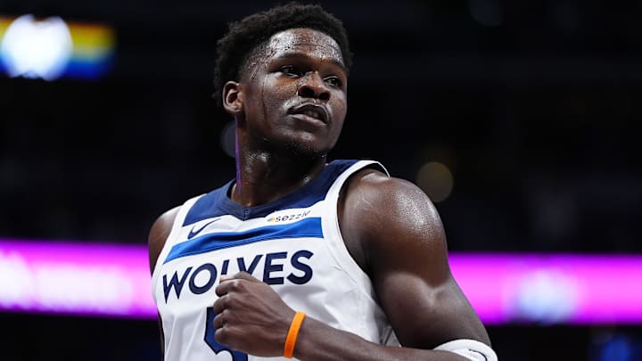 Dec 25, 2025; Denver, Colorado, USA; Minnesota Timberwolves guard Anthony Edwards (5) during the first half at Ball Arena. Mandatory Credit: Ron Chenoy-Imagn Images