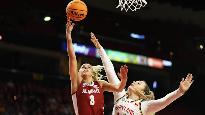 Mar 24, 2025; College Park, Maryland, USA; Alabama Crimson Tide guard Sarah Ashlee Barker (3) takes a shot over Maryland Terrapins forward Allie Kubek (14) during the first half at Xfinity Center. Mandatory Credit: Daniel Kucin Jr.-Imagn Images Mar 24, 2025; College Park, Maryland, USA; Alabama Crimson Tide guard Sarah Ashlee Barker (3) takes a shot over Maryland Terrapins forward Allie Kubek (14) during the first half at Xfinity Center. Mandatory Credit: Daniel Kucin Jr.-Imagn Images