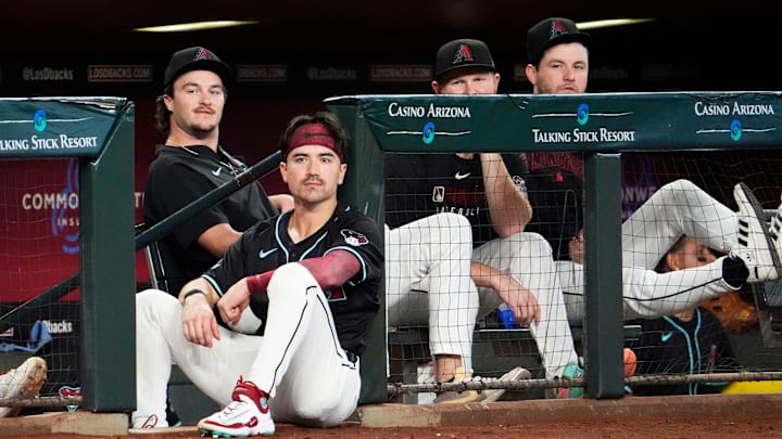 Arizona Diamondbacks outfielder Corbin Carroll (7) watches the action against the San Francisco Giants in the second inning at Chase Field in Phoenix on Sept. 17, 2025.
