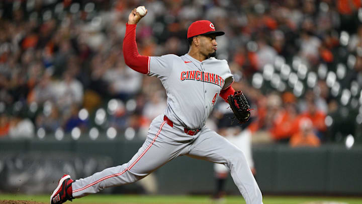 Apr 18, 2025; Baltimore, Maryland, USA; Cincinnati Reds pitcher Alexis Diaz (43) throws a pitch during the ninth inning against the Baltimore Orioles at Oriole Park at Camden Yards. Mandatory Credit: Reggie Hildred-Imagn Images
