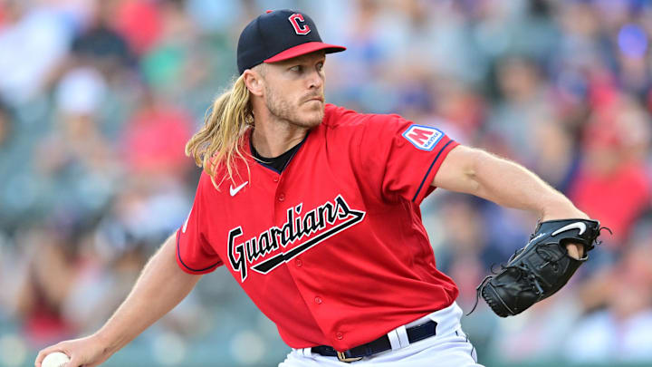 Aug 22, 2023; Cleveland, Ohio, USA; Cleveland Guardians starting pitcher Noah Syndergaard (34) throws a pitch during the first inning against the Los Angeles Dodgers at Progressive Field.