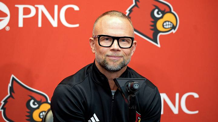 Louisville coach Pat Kelsey talks to the media about the Cardinals' offseason progress during a news conference in Louisville, Ky., on June 22, 2026. Louisville coach Pat Kelsey talks to the media about the Cardinals' offseason progress during a news conference in Louisville, Ky., on June 22, 2026.