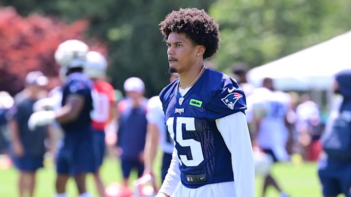 Jul 26, 2024; Foxborough, MA, USA; New England Patriots safety Marte Mapu (15) after practices at training camp at Gillette Stadium. Jul 26, 2024; Foxborough, MA, USA; New England Patriots safety Marte Mapu (15) after practices at training camp at Gillette Stadium.