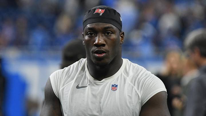 Sep 15, 2024; Detroit, Michigan, USA; Tampa Bay Buccaneers linebacker K.J. Britt (52) looks on after their game against the Detroit Lions at Ford Field. Mandatory Credit: Eamon Horwedel-Imagn Images