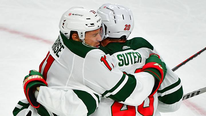 May 28, 2021; Las Vegas, Nevada, USA;Minnesota Wild left wing Zach Parise (11) celebrates with Minnesota Wild defenseman Ryan Suter (20) after scoring a first period goal against the Vegas Golden Knights in game seven of the first round of the 2021 Stanley Cup Playoffs at T-Mobile Arena. Mandatory Credit: Stephen R. Sylvanie-USA TODAY Sports May 28, 2021; Las Vegas, Nevada, USA;Minnesota Wild left wing Zach Parise (11) celebrates with Minnesota Wild defenseman Ryan Suter (20) after scoring a first period goal against the Vegas Golden Knights in game seven of the first round of the 2021 Stanley Cup Playoffs at T-Mobile Arena. Mandatory Credit: Stephen R. Sylvanie-USA TODAY Sports