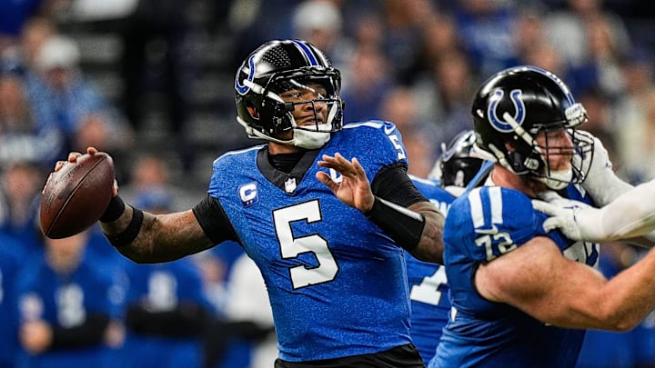 Indianapolis Colts quarterback Anthony Richardson (5) makes a pass against Detroit Lions during the second half at Lucas Oil Stadium in Indianapolis, Ind. on Sunday, Nov. 24, 2024.