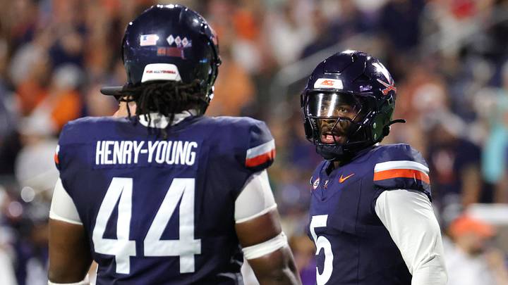 Sep 11, 2026; Charlottesville, Virginia, USA; Virginia Cavaliers linebacker Kam Robinson (5) looks on during the second quarter against the Norfolk State Spartans at Scott Stadium. Mandatory Credit: Amber Searls-Imagn Images Sep 11, 2026; Charlottesville, Virginia, USA; Virginia Cavaliers linebacker Kam Robinson (5) looks on during the second quarter against the Norfolk State Spartans at Scott Stadium. Mandatory Credit: Amber Searls-Imagn Images