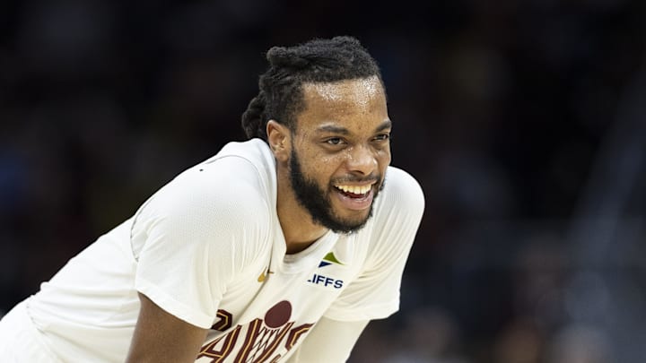 Dec 19, 2025; Cleveland, Ohio, USA; Cleveland Cavaliers guard Darius Garland (10) laughs during free throws by the Chicago Bulls during the fourth quarter at Rocket Arena.