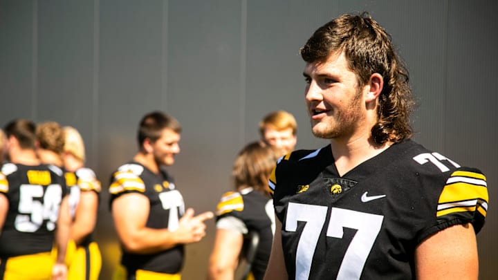 Iowa offensive lineman Connor Colby (77) speaks to reporters during Hawkeyes football media day, Friday, Aug. 13, 2021, in Iowa City, Iowa.

210813 Ia Fb Media Players 012 Jpg