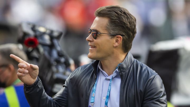 Feb 13, 2022; Inglewood, CA, USA; NFL Network host Kyle Brandt during the Cincinnati Bengals game against the Los Angeles Rams in Super Bowl LVI at SoFi Stadium. Mandatory Credit: Mark J. Rebilas-USA TODAY Sports