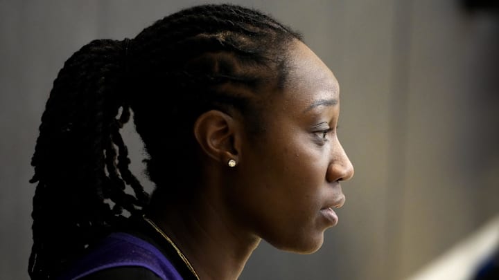 Apr 21, 2022; Phoenix, Arizona, USA; Phoenix Mercury center Tina Charles talks to the press at Verizon 5G Performance Center. Mandatory Credit: Cheryl Evans/The Republic via USA TODAY NETWORK