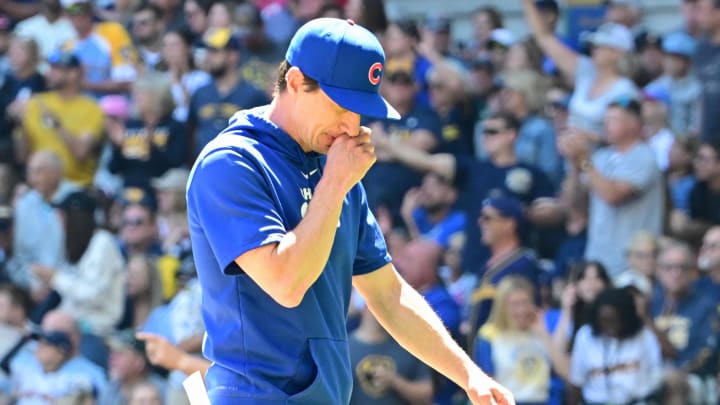 Jun 30, 2024; Milwaukee, Wisconsin, USA; Chicago Cubs manager Craig Counsell walks back to the dugout after making a pitching change in the fourth inning against the Milwaukee Brewers at American Family Field. 