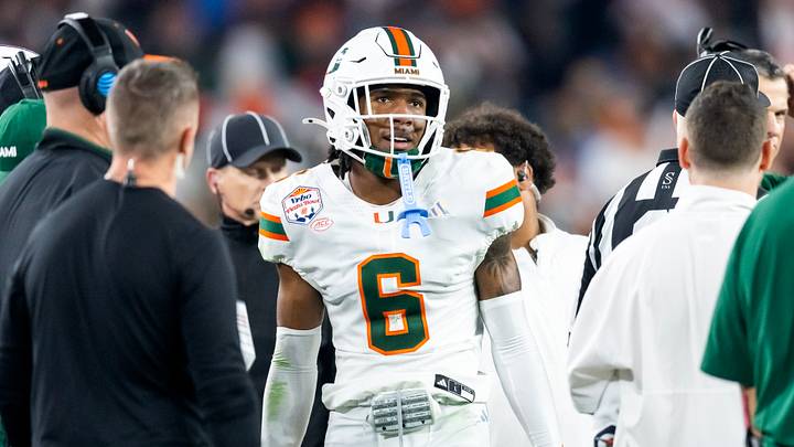 Jan 8, 2026; Glendale, AZ, USA; Miami Hurricanes defensive back Xavier Lucas (6) against the Mississippi Rebels during the 2026 Fiesta Bowl and semifinal game of the College Football Playoff at State Farm Stadium. Mandatory Credit: Mark J. Rebilas-Imagn Images