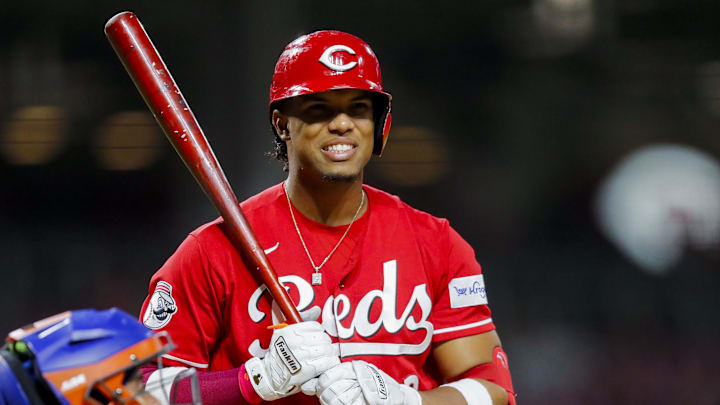 May 10, 2023; Cincinnati, Ohio, USA; Cincinnati Reds shortstop Jose Barrero (2) reacts after a strike called in the  eighth inning against the New York Mets at Great American Ball Park. Mandatory Credit: Katie Stratman-Imagn Images