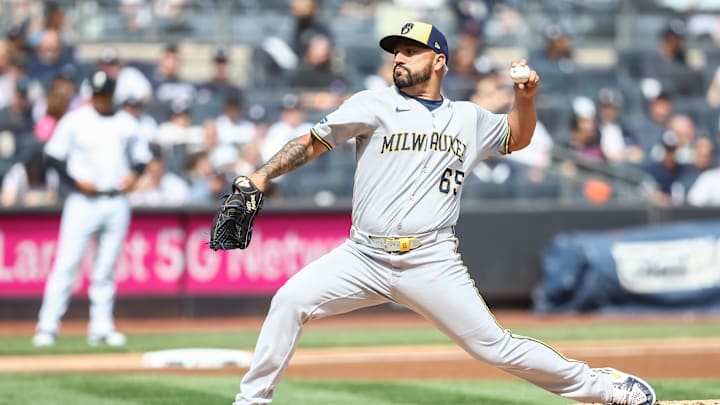 Bronx, New York, USA; Milwaukee Brewers starting pitcher Nestor Cortes (65) pitches in the first inning against the New York Yankees at Yankee Stadium.