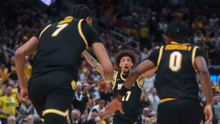 Missouri guard Jayden Stone (17) celebrates a successful play during the first half of an NCAA Tournament first-round game between Missouri and Miami on Friday, March 20, 2026, at the Enterprise Center in St. Louis. Missouri guard Jayden Stone (17) celebrates a successful play during the first half of an NCAA Tournament first-round game between Missouri and Miami on Friday, March 20, 2026, at the Enterprise Center in St. Louis.