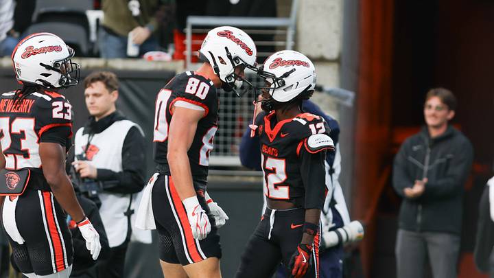 Sep 12, 2026; Corvallis, Oregon, USA; Oregon State tight end Eric Olson (80) and wide receiver Jesse Legree (12) celebrate a touchdown by Legree during the third quarter against Texas Tech at Reser Stadium. Mandatory Credit: Kallie Hansel-Tennes-Imagn Images