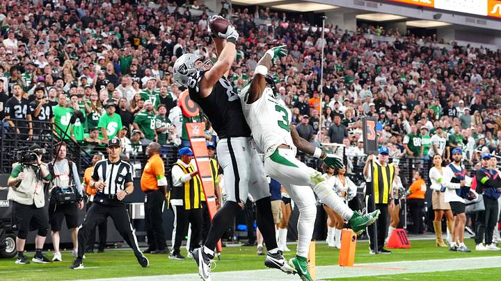Nov 12, 2023; Paradise, Nevada, USA; Las Vegas Raiders tight end Michael Mayer (87) makes a
