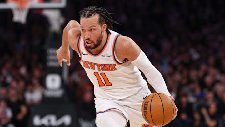 Feb 3, 2025; New York, New York, USA; New York Knicks guard Jalen Brunson (11) dribbles up court during the second half against the Houston Rockets at Madison Square Garden. Mandatory Credit: Vincent Carchietta-Imagn Images