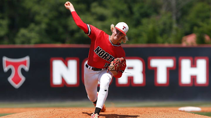 North Oconee's Bubba Chandler throws a pitch during Game 1 of a GHSA Class 4A semifinal doubleheader