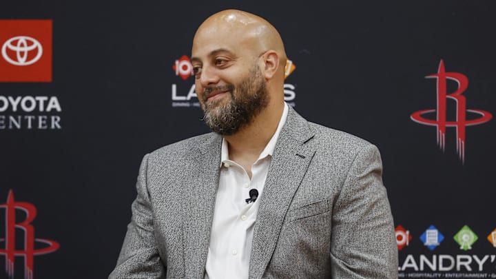 Jun 24, 2022; Houston, Texas, USA; Houston Rockets general manager Rafael Stone reacts during a press conference at Toyota Center. Mandatory Credit: Troy Taormina-Imagn Images