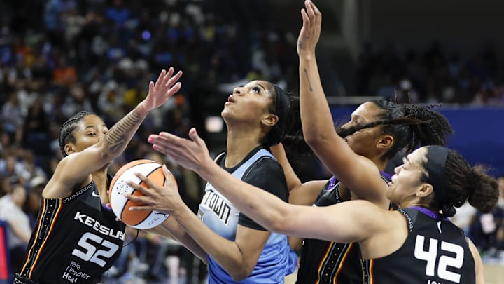 May 25, 2024; Chicago, Illinois, USA; Chicago Sky forward Angel Reese (5) goes to the basket against the Connecticut Sun during the second half of a WNBA game at Wintrust Arena. Mandatory Credit: Kamil Krzaczynski-USA TODAY Sports