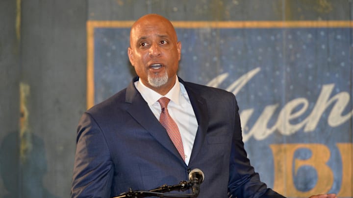 Kansas City, MO, USA; Major League Baseball Player Association executive director Tony Clark speaks during a presentation at the Negro Leagues Baseball Museum.