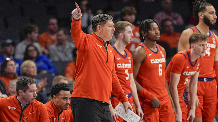 Mar 14, 2025; Charlotte, NC, USA; Clemson Tigers head coach Brad Brownell during the second half against the Louisville Cardinals at Spectrum Center. Mandatory Credit: Jim Dedmon-Imagn Images