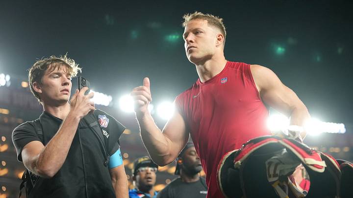Oct 19, 2026; Santa Clara, California, USA;  San Francisco 49ers running back Christian McCaffrey (23) looks on after the game against the Washington Commanders at Levi's Stadium.  Mandatory Credit: Cary Edmondson-Imagn Images