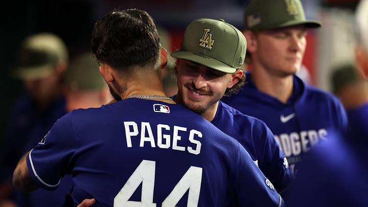 May 16, 2026; Anaheim, California, USA; Los Angeles Dodgers pitcher Justin Wrobleski (70) hugs center fielder Andy Pages (44) in the dugout during the sixth inning against the Los Angeles Angels at Angel Stadium. Mandatory Credit: Kiyoshi Mio-Imagn Images May 16, 2026; Anaheim, California, USA; Los Angeles Dodgers pitcher Justin Wrobleski (70) hugs center fielder Andy Pages (44) in the dugout during the sixth inning against the Los Angeles Angels at Angel Stadium. Mandatory Credit: Kiyoshi Mio-Imagn Images