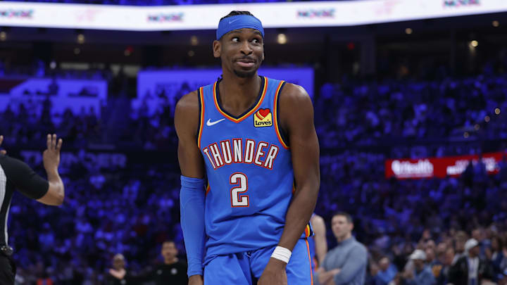Mar 12, 2026; Oklahoma City, Oklahoma, USA; Oklahoma City Thunder guard Shai Gilgeous-Alexander (2) looks at the home bench after scoring against the Boston Celtics during the second quarter at Paycom Center. Mandatory Credit: Alonzo Adams-Imagn Images