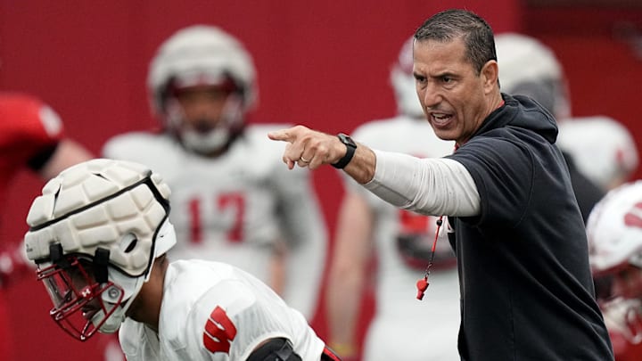 Wisconsin head coach Luke Fickell is shown during spring football practice Thursday, April 25, 2024 in Madison, Wisconsin. The Wisconsin Badgers football team plays their season opener against Western Michigan on August 31.