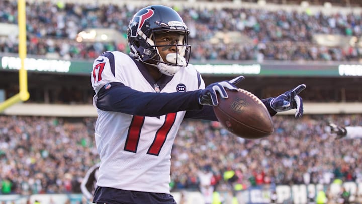 Dec 23, 2018; Philadelphia, PA, USA; Houston Texans wide receiver Vyncint Smith (17) reacts to his touchdown against the Philadelphia Eagles during the fourth quarter at Lincoln Financial Field.
