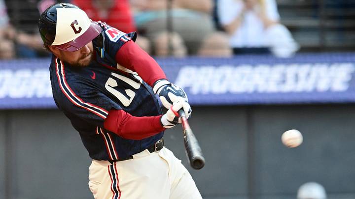 May 29, 2026: Cleveland Guardians designated hitter Rhys Hoskins (8) hits an RBI single during the first inning against the Boston Red Sox at Progressive Field. 