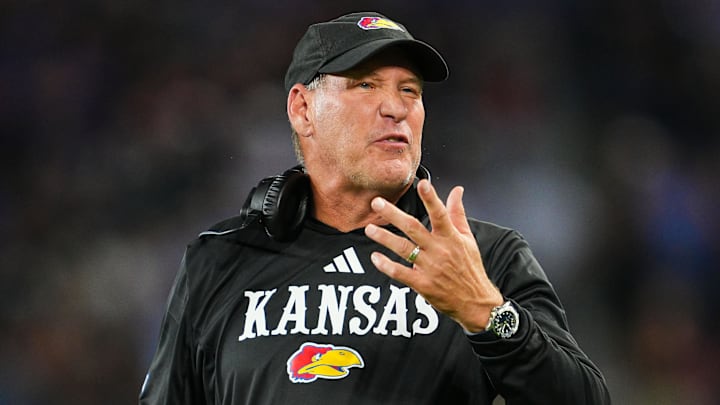Sep 13, 2024; Kansas City, Kansas, USA; Kansas Jayhawks head coach Lance Leipold reacts after a play during the second half against the UNLV Rebels at Children's Mercy Park. Mandatory Credit: Jay Biggerstaff-Imagn Images