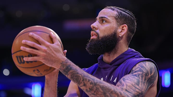 Apr 6, 2025; New York, New York, USA; Phoenix Suns forward Cody Martin (17) warms up before the game against the New York Knicks at Madison Square Garden. Mandatory Credit: Vincent Carchietta-Imagn Images