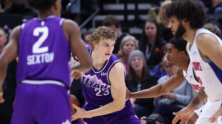 Jan 3, 2024; Salt Lake City, Utah, USA; Utah Jazz forward Lauri Markkanen (23) looks to move the ball against the Detroit Pistons during the third quarter at Delta Center. Mandatory Credit: Rob Gray-Imagn Images